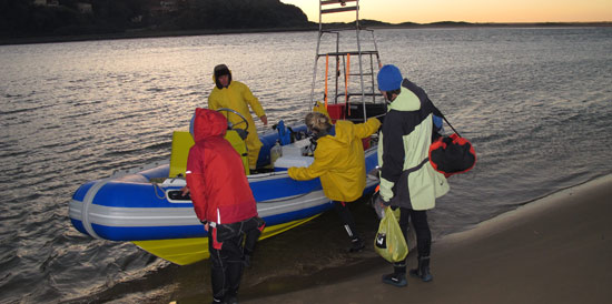 A diving boat on the banks of the Mzimvubu during the Sardine Run